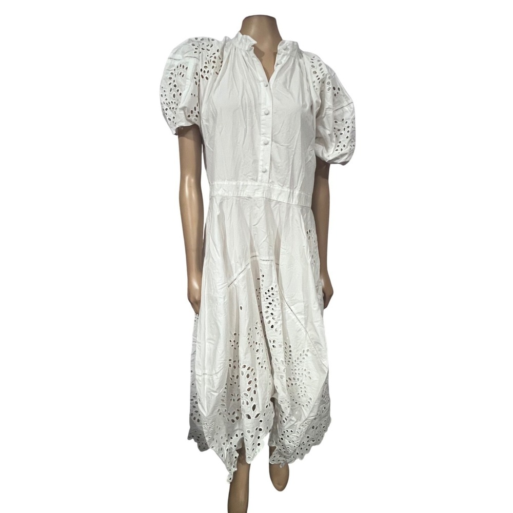 Zara White Eyelet Cotton Handkerchief Hem Puff Sleeve Midi Dress Boho NWT XL